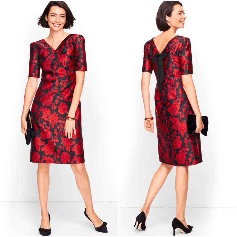 NWT $179 Talbots Back Bow Floral Jacquard Cocktail Dress Red Roses Women 4P